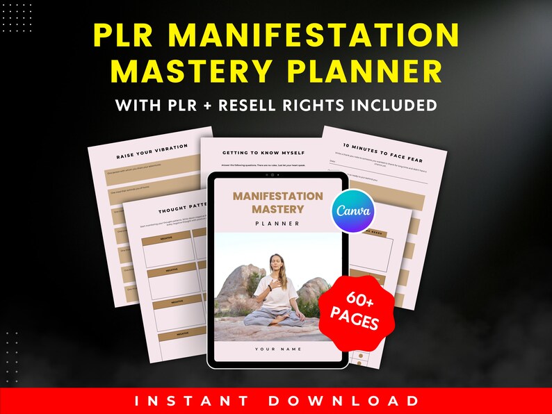 Pode incluir: Um planejador digital com o t&iacute;tulo "Manifestation Mastery Planner" na tela de um tablet. O planejador tem um fundo rosa com texto marrom e uma foto de uma mulher meditando na natureza. O texto "60+ P&aacute;ginas" est&aacute; em um c&iacute;rculo vermelho na tela. O texto "Download instant&acirc;neo" est&aacute; em vermelho na parte inferior da imagem.