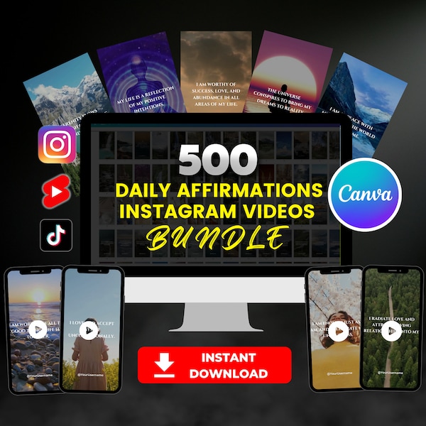 500 affirmations quotidiennes vidéos Instagram Reels l Lot de vidéos affirmations l Modèles vidéo bobines l Vidéos Instagram, Tiktok, courts métrages Youtube