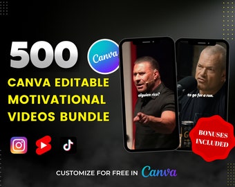 May include: A black and white graphic with the text "500 Canva Editable Motivational Videos Bundle" and images of two men speaking. The text "Customize for free in Canva" is at the bottom of the graphic. The graphic also includes icons for Instagram, YouTube, and TikTok.