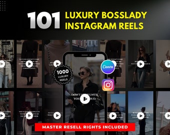 May include: A collage of 101 Instagram reel templates for luxury boss ladies. The image features a phone screen with the Canva logo and a play button. The text "1000 Luxury Reels" is also visible. The text "Master Resell Rights Included" is at the bottom of the image.