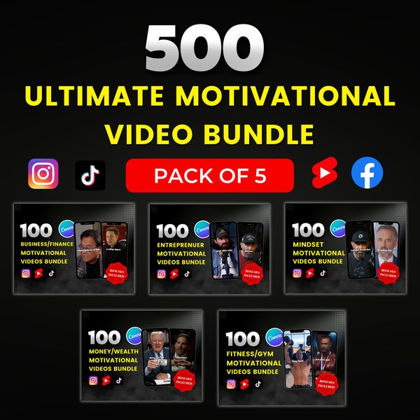 500 Ultimate Motivational Video Bundle l Pack of 5 I For Instagram Reels, Tiktok Videos, YouTube Shorts l DFY Viral Video Content