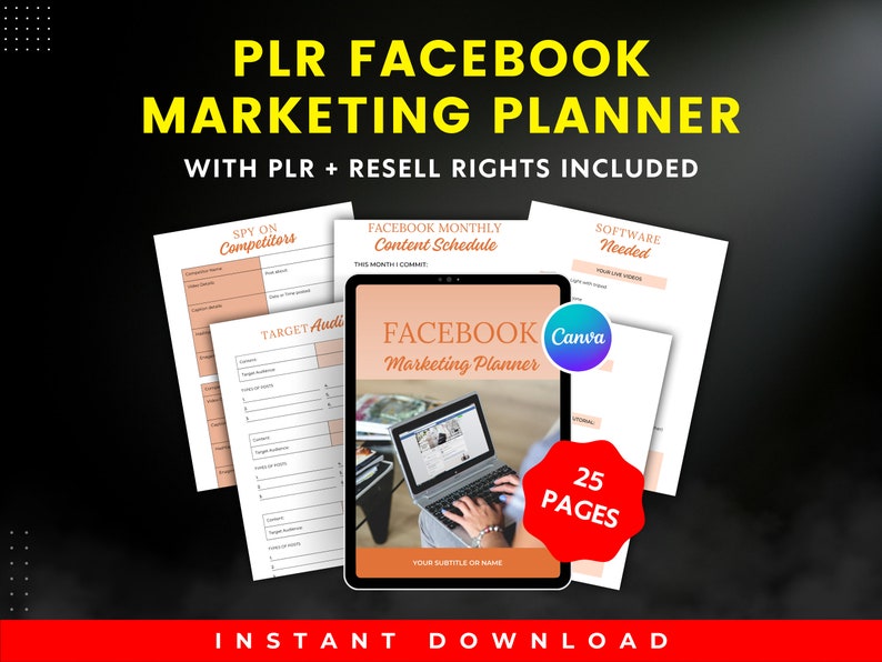 Puede incluir: Un planificador digital para marketing en Facebook con 25 p&aacute;ginas. La portada presenta una computadora port&aacute;til con una p&aacute;gina de Facebook abierta en la pantalla. El planificador incluye secciones para el an&aacute;lisis de la competencia, el p&uacute;blico objetivo, el calendario de contenido y el software necesario. El texto "Canva" es visible en la portada.