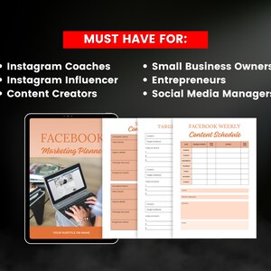Puede incluir: Un planificador digital con un fondo melocot&oacute;n y texto negro. El planificador se titula "Facebook Marketing Planne" e incluye un calendario de contenido semanal. El planificador es ideal para entrenadores de Instagram, influencers, creadores de contenido, propietarios de peque&ntilde;as empresas, empresarios y administradores de redes sociales.