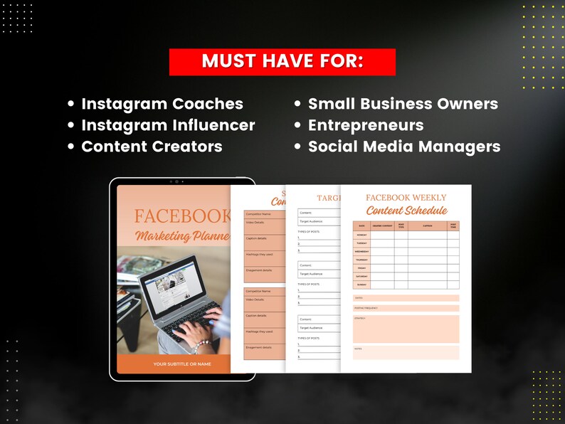 Puede incluir: Un planificador digital con un fondo melocot&oacute;n y texto negro. El planificador se titula "Facebook Marketing Planne" e incluye un calendario de contenido semanal. El planificador es ideal para entrenadores de Instagram, influencers, creadores de contenido, propietarios de peque&ntilde;as empresas, empresarios y administradores de redes sociales.