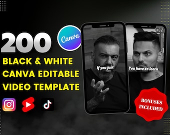 Puede incluir: Gráfico promocional con el texto "200 BLACK & WHITE CANVA EDITABLE VIDEO TEMPLATE". La imagen incluye iconos de redes sociales para Instagram, YouTube y TikTok, junto con dos pantallas de teléfono inteligente que muestran imágenes en blanco y negro con texto.