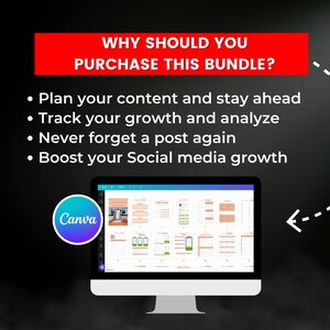 Puede incluir: Una pantalla de ordenador que muestra una plantilla de Canva para la planificaci&oacute;n de contenido en redes sociales. El texto en la pantalla dice "WHY SHOULD YOU PURCHASE THIS BUNDLE?" y enumera cuatro beneficios: "Plan your content and stay ahead", "Track your growth and analyze", "Never forget a post again", y "Boost your Social media growth".
