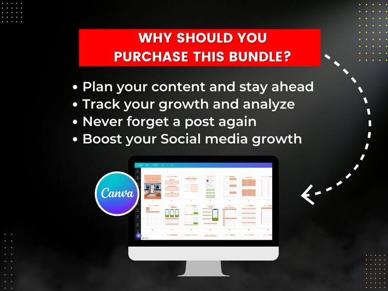 Puede incluir: Una pantalla de ordenador que muestra una plantilla de Canva para la planificaci&oacute;n de contenido en redes sociales. El texto en la pantalla dice "WHY SHOULD YOU PURCHASE THIS BUNDLE?" y enumera cuatro beneficios: "Plan your content and stay ahead", "Track your growth and analyze", "Never forget a post again", y "Boost your Social media growth".