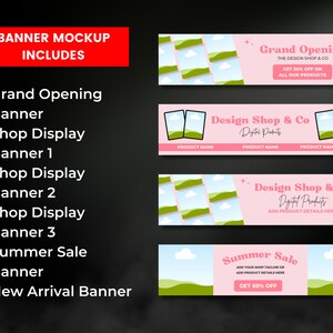 Puede incluir: Un conjunto de cinco maquetas de banners rosas y verdes para una tienda de dise&ntilde;o. Las pancartas presentan una variedad de dise&ntilde;os, que incluyen un anuncio de gran inauguraci&oacute;n, una pancarta de exhibici&oacute;n de la tienda, una pancarta de venta de verano y una pancarta de nueva llegada. Todas las pancartas tienen un estilo moderno y minimalista.