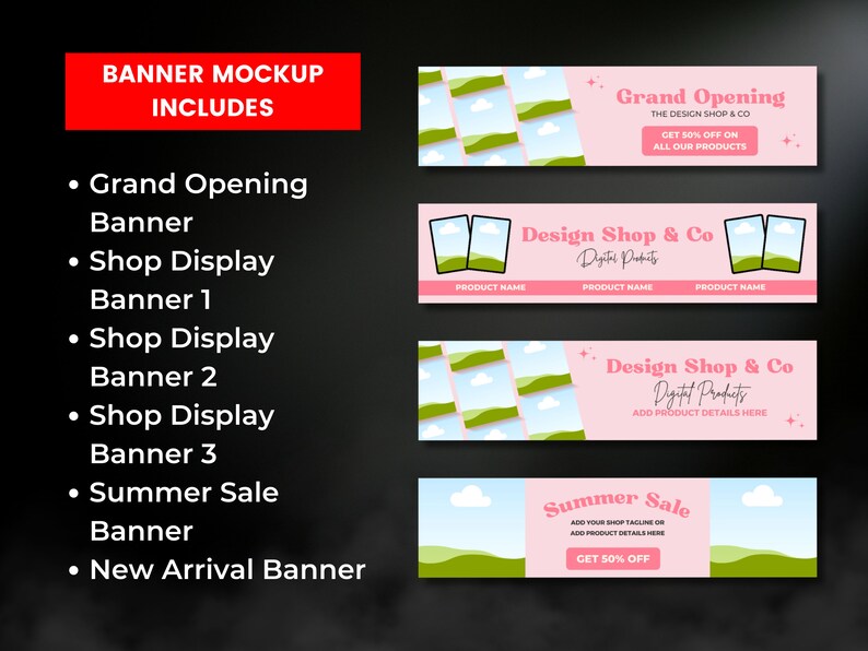 Puede incluir: Un conjunto de cinco maquetas de banners rosas y verdes para una tienda de dise&ntilde;o. Las pancartas presentan una variedad de dise&ntilde;os, que incluyen un anuncio de gran inauguraci&oacute;n, una pancarta de exhibici&oacute;n de la tienda, una pancarta de venta de verano y una pancarta de nueva llegada. Todas las pancartas tienen un estilo moderno y minimalista.
