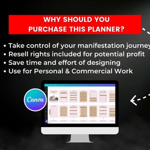 Pode incluir: Um ecr&atilde; de computador a mostrar um modelo de design Canva para um planeador de manifesta&ccedil;&atilde;o. O texto no ecr&atilde; diz "WHY SHOULD YOU PURCHASE THIS PLANNER?" e lista quatro pontos: "Take control of your manifestation journey", "Resell rights included for potential profit", "Save time and effort of designing", e "Use for Personal & Commercial Work".