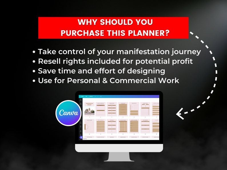 Pode incluir: Um ecr&atilde; de computador a mostrar um modelo de design Canva para um planeador de manifesta&ccedil;&atilde;o. O texto no ecr&atilde; diz "WHY SHOULD YOU PURCHASE THIS PLANNER?" e lista quatro pontos: "Take control of your manifestation journey", "Resell rights included for potential profit", "Save time and effort of designing", e "Use for Personal & Commercial Work".