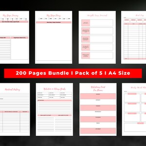 May include: A set of five printable A4 size planner pages for health and wellness. The pages include sections for tracking weight loss, meal planning, fitness goals, and medical history. The pages are designed with a pink and white color scheme.