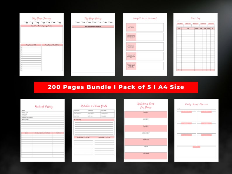 May include: A set of five printable A4 size planner pages for health and wellness. The pages include sections for tracking weight loss, meal planning, fitness goals, and medical history. The pages are designed with a pink and white color scheme.