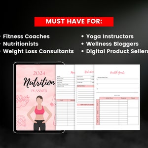 May include: A digital planner with a pink and white design. The planner is titled "2024 Nutrition Planner" and features a cartoon illustration of a person in workout clothes. The planner includes sections for tracking nutrition, health goals, and meal plans.