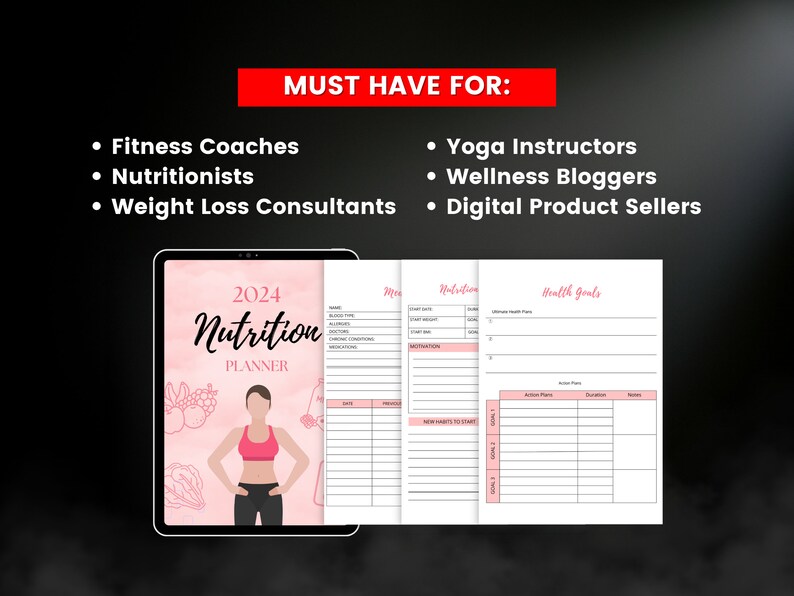 May include: A digital planner with a pink and white design. The planner is titled "2024 Nutrition Planner" and features a cartoon illustration of a person in workout clothes. The planner includes sections for tracking nutrition, health goals, and meal plans.