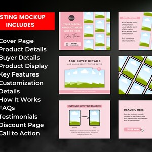 Puede incluir: Una maqueta de marketing digital rosa y verde para una lista de Etsy. La maqueta incluye una p&aacute;gina de portada, detalles del producto, detalles del comprador, visualizaci&oacute;n del producto, caracter&iacute;sticas clave, detalles de personalizaci&oacute;n, c&oacute;mo funciona, preguntas frecuentes, testimonios, una p&aacute;gina de descuento y una llamada a la acci&oacute;n.