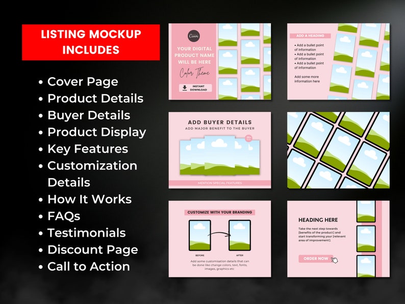 Puede incluir: Una maqueta de marketing digital rosa y verde para una lista de Etsy. La maqueta incluye una p&aacute;gina de portada, detalles del producto, detalles del comprador, visualizaci&oacute;n del producto, caracter&iacute;sticas clave, detalles de personalizaci&oacute;n, c&oacute;mo funciona, preguntas frecuentes, testimonios, una p&aacute;gina de descuento y una llamada a la acci&oacute;n.