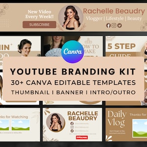 Beige YouTube Branding Kit l Editable Video Thumbnail, Channel Banner & Intro, Outro l Youtube Thumbnail l Bonus Youtube Content Planner
