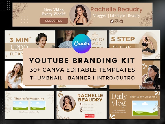 Beige YouTube Branding Kit: Canva Editable Thumbnail, Banner & Intro Templates (Digital Download)