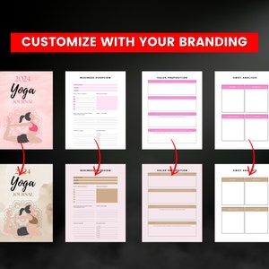 May include: A customizable 2024 Yoga Journal with a pink and brown watercolor background. The journal features a woman in a yoga pose and the text "2024 Yoga Journal". The journal also includes sections for business overview, value proposition, and SWOT analysis.