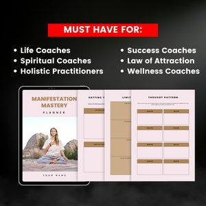Pode incluir: Um planejador digital com o t&iacute;tulo "Manifestation Mastery Planner" na tela de um tablet. O planejador inclui se&ccedil;&otilde;es para definir objetivos, identificar cren&ccedil;as limitantes e rastrear padr&otilde;es de pensamento.