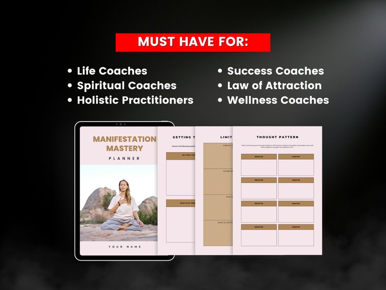 Pode incluir: Um planejador digital com o t&iacute;tulo "Manifestation Mastery Planner" na tela de um tablet. O planejador inclui se&ccedil;&otilde;es para definir objetivos, identificar cren&ccedil;as limitantes e rastrear padr&otilde;es de pensamento.