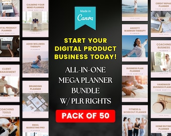 Paquete de plantillas de planificador PLR: 50 planificadores editables de Canva
