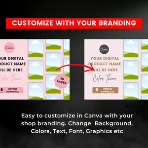 Puede incluir: Una plantilla de Canva para un producto digital con un fondo rosa y colinas verdes. El texto "YOUR DIGITAL PRODUCT NAME WILL BE HERE" se muestra en texto negro. La plantilla incluye un bot&oacute;n de descarga y una secci&oacute;n "Color Theme". La plantilla es personalizable con 30 p&aacute;ginas.