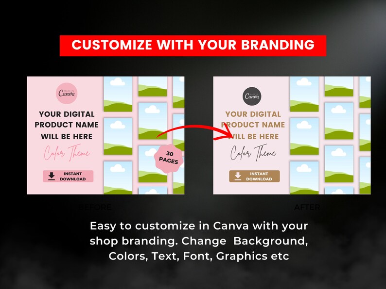 Puede incluir: Una plantilla de Canva para un producto digital con un fondo rosa y colinas verdes. El texto "YOUR DIGITAL PRODUCT NAME WILL BE HERE" se muestra en texto negro. La plantilla incluye un bot&oacute;n de descarga y una secci&oacute;n "Color Theme". La plantilla es personalizable con 30 p&aacute;ginas.
