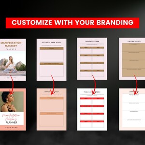 Pode incluir: Um planejador digital com um esquema de cores rosa e branco. O planejador &eacute; intitulado "Manifestation Mastery Planner" e apresenta uma mulher meditando em uma floresta. O planejador inclui se&ccedil;&otilde;es para conhecer a si mesmo, padr&otilde;es de pensamento e cren&ccedil;as limitantes.