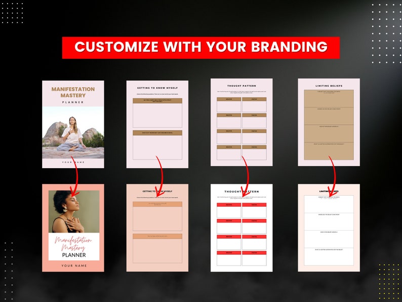 Pode incluir: Um planejador digital com um esquema de cores rosa e branco. O planejador &eacute; intitulado "Manifestation Mastery Planner" e apresenta uma mulher meditando em uma floresta. O planejador inclui se&ccedil;&otilde;es para conhecer a si mesmo, padr&otilde;es de pensamento e cren&ccedil;as limitantes.