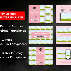 Puede incluir: Un conjunto de 90 plantillas de maqueta de planificador digital, publicaci&oacute;n de Instagram y carrete/historia de Instagram. Las plantillas presentan un fondo rosa con un dise&ntilde;o de paisaje verde y azul. El texto "90 LISTING TEMPLATES INCLUDES" se muestra en rojo en la parte superior de la imagen. El texto "YOUR DIGITAL PRODUCT NAME WILL BE HERE" se muestra en blanco sobre un rect&aacute;ngulo rosa en el centro de la imagen.