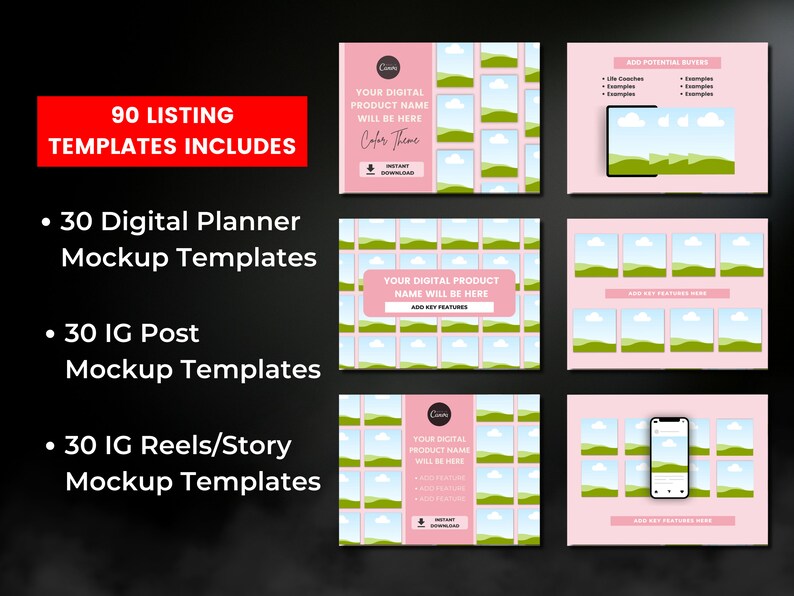 Puede incluir: Un conjunto de 90 plantillas de maqueta de planificador digital, publicaci&oacute;n de Instagram y carrete/historia de Instagram. Las plantillas presentan un fondo rosa con un dise&ntilde;o de paisaje verde y azul. El texto "90 LISTING TEMPLATES INCLUDES" se muestra en rojo en la parte superior de la imagen. El texto "YOUR DIGITAL PRODUCT NAME WILL BE HERE" se muestra en blanco sobre un rect&aacute;ngulo rosa en el centro de la imagen.