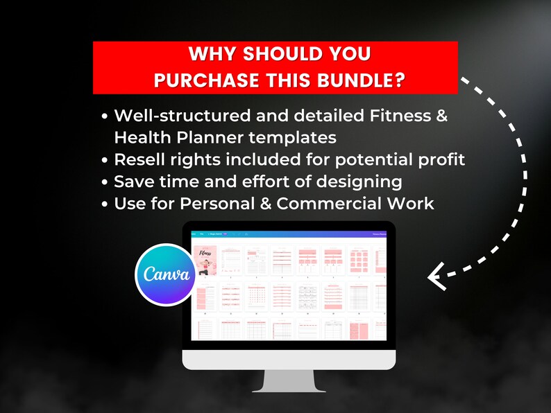 May include: A computer screen displaying a Canva design template for a fitness and health planner. The text on the screen reads "Fitness". The text on the screen also reads "WHY SHOULD YOU PURCHASE THIS BUNDLE?" with bullet points listing the benefits of purchasing the bundle: "Well-structured and detailed Fitness & Health Planner templates", "Resell rights included for potential profit", "Save time and effort of designing", and "Use for Personal & Commercial Work".