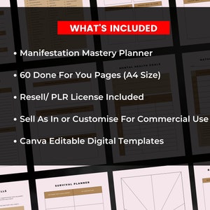 Pode incluir: Um planejador digital com um esquema de cores castanho e branco. O texto "WHAT'S INCLUDED" est&aacute; em vermelho. O planejador inclui 60 p&aacute;ginas, uma licen&ccedil;a de revenda/PLR e modelos digitais edit&aacute;veis Canva.
