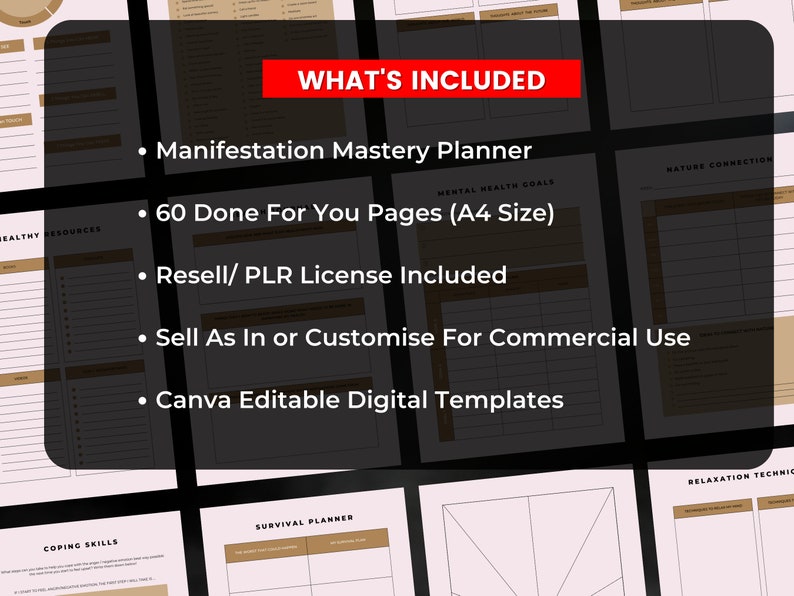 Pode incluir: Um planejador digital com um esquema de cores castanho e branco. O texto "WHAT'S INCLUDED" est&aacute; em vermelho. O planejador inclui 60 p&aacute;ginas, uma licen&ccedil;a de revenda/PLR e modelos digitais edit&aacute;veis Canva.