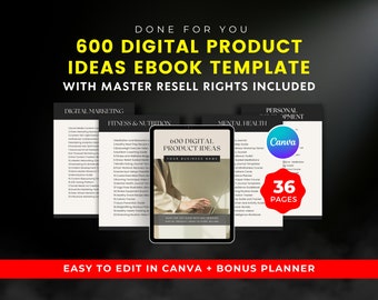 600 Digital Product Ideas Ebook: MRR Canva Template + Planner (Digital Download)