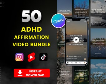 50 ADHD Affirmation Videos: Canva Templates for Social Media (Digital Download)