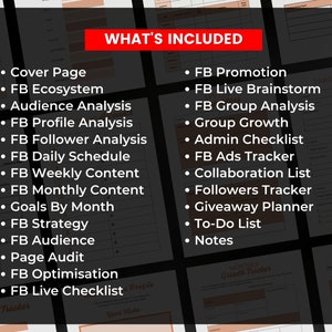 Puede incluir: Una lista de verificaci&oacute;n imprimible para el marketing en Facebook. La lista de verificaci&oacute;n incluye secciones para el an&aacute;lisis de audiencia, el an&aacute;lisis de perfil, el horario diario, el contenido semanal, el contenido mensual, las metas por mes, la estrategia, la audiencia, la auditor&iacute;a de p&aacute;gina, la optimizaci&oacute;n, la lista de verificaci&oacute;n en vivo, la promoci&oacute;n, la lluvia de ideas en vivo, el an&aacute;lisis de grupo, el crecimiento del grupo, la lista de verificaci&oacute;n de administraci&oacute;n, el seguimiento de anuncios, la lista de colaboraci&oacute;n, el seguimiento de seguidores, el planificador de regalos, la lista de tareas y las notas.