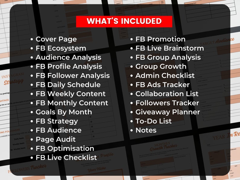 Puede incluir: Una lista de verificaci&oacute;n imprimible para el marketing en Facebook. La lista de verificaci&oacute;n incluye secciones para el an&aacute;lisis de audiencia, el an&aacute;lisis de perfil, el horario diario, el contenido semanal, el contenido mensual, las metas por mes, la estrategia, la audiencia, la auditor&iacute;a de p&aacute;gina, la optimizaci&oacute;n, la lista de verificaci&oacute;n en vivo, la promoci&oacute;n, la lluvia de ideas en vivo, el an&aacute;lisis de grupo, el crecimiento del grupo, la lista de verificaci&oacute;n de administraci&oacute;n, el seguimiento de anuncios, la lista de colaboraci&oacute;n, el seguimiento de seguidores, el planificador de regalos, la lista de tareas y las notas.