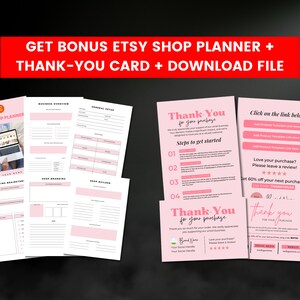 Puede incluir: Un planificador de tienda Etsy rosa y blanco con secciones para la descripci&oacute;n general del negocio, la marca de la tienda y el presupuesto de la tienda. El planificador incluye una plantilla de tarjeta de agradecimiento con un fondo rosa y el texto "Gracias por su compra".