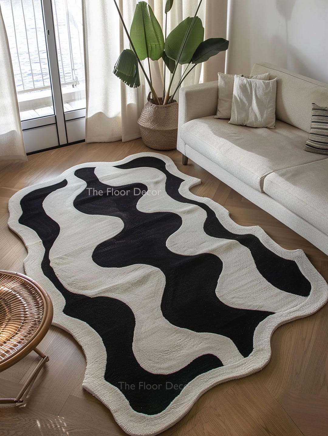 Irregular Wavy Hand Tufted Wool Rug Black White Squiggle Modern Funky ...