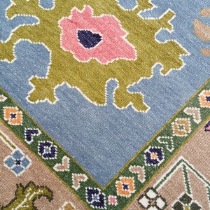 Blue Wool Oushak Rug Handmade Vintage, Hand Knotted Turkish Rug with Floral Design, Natural Wool, Traditional Turkish Floor Decor