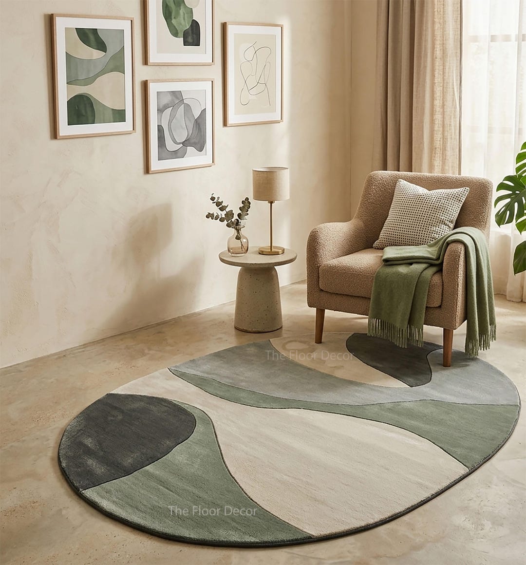 Irregular Oval Sage Green Hand Tufted Wool Rug Abstract Organic Modern ...