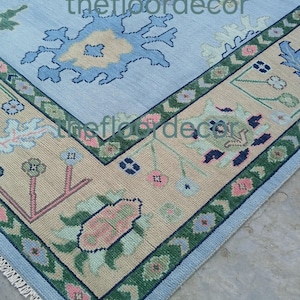 Turkish Wool Rug Handmade Vintage Oushak, Blue and Pastel Natural Pigment Wool Area Rug Contemporary Living Room Decor, Large Ottoman Rug
