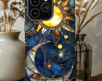 Celestial glas-in-lood maan en sterren telefoonhoesje iPhone 17, Pixel 9, Samsung S25