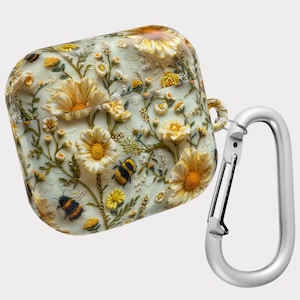 Floral Bee AirPod Case, Boho Bee and Flower Design, Hard Cover For Airpods Pro 1 2 3 - Carabiner Included