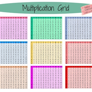 May include: A printable multiplication grid with 12 rows and 12 columns. The grid is divided into six sections, each with a different color background. The numbers 1 through 12 are listed across the top and down the side of the grid. The product of each row and column is shown in the corresponding cell.