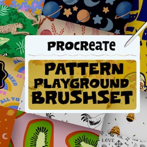 May include: A digital illustration of a Procreate brush set for creating patterns. The text "Procreate Pattern Playground Brush Set" is displayed in a yellow box. The image shows a variety of colorful patterns created with the brushes, including a rainbow, a sun, a kiwi, a cheetah, and a cat.