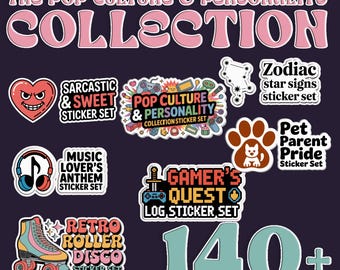 Pop Culture Digital Sticker Bundle | Gamer Retro Pet Zodiac Music Planner | Funky Personality Journal | Goodnotes Relatable & Witty Stickers